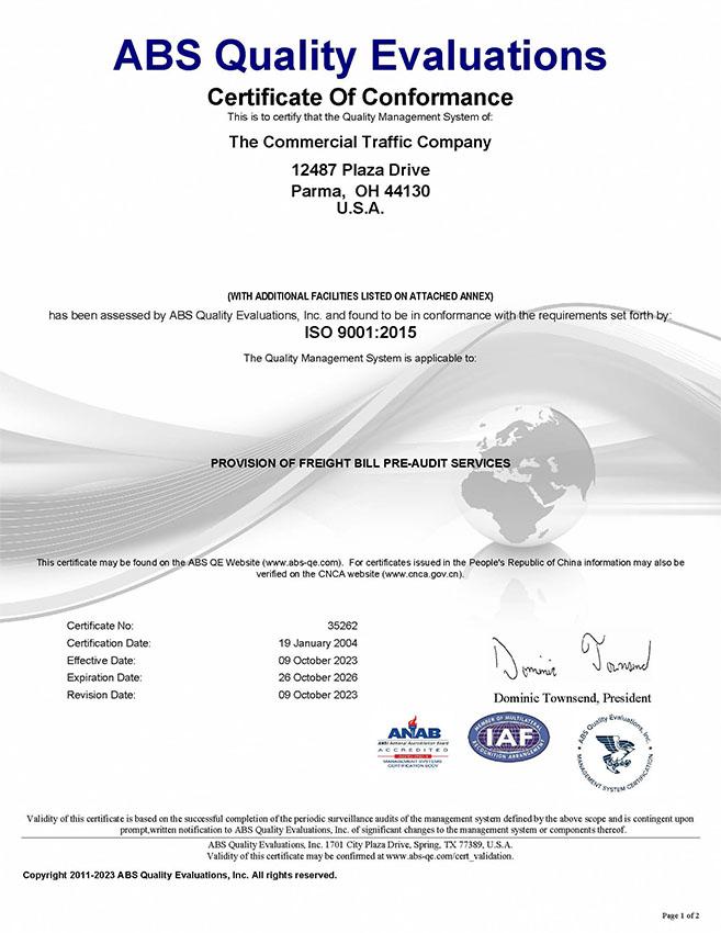 ISO 9001:2015 Certificate of Performance